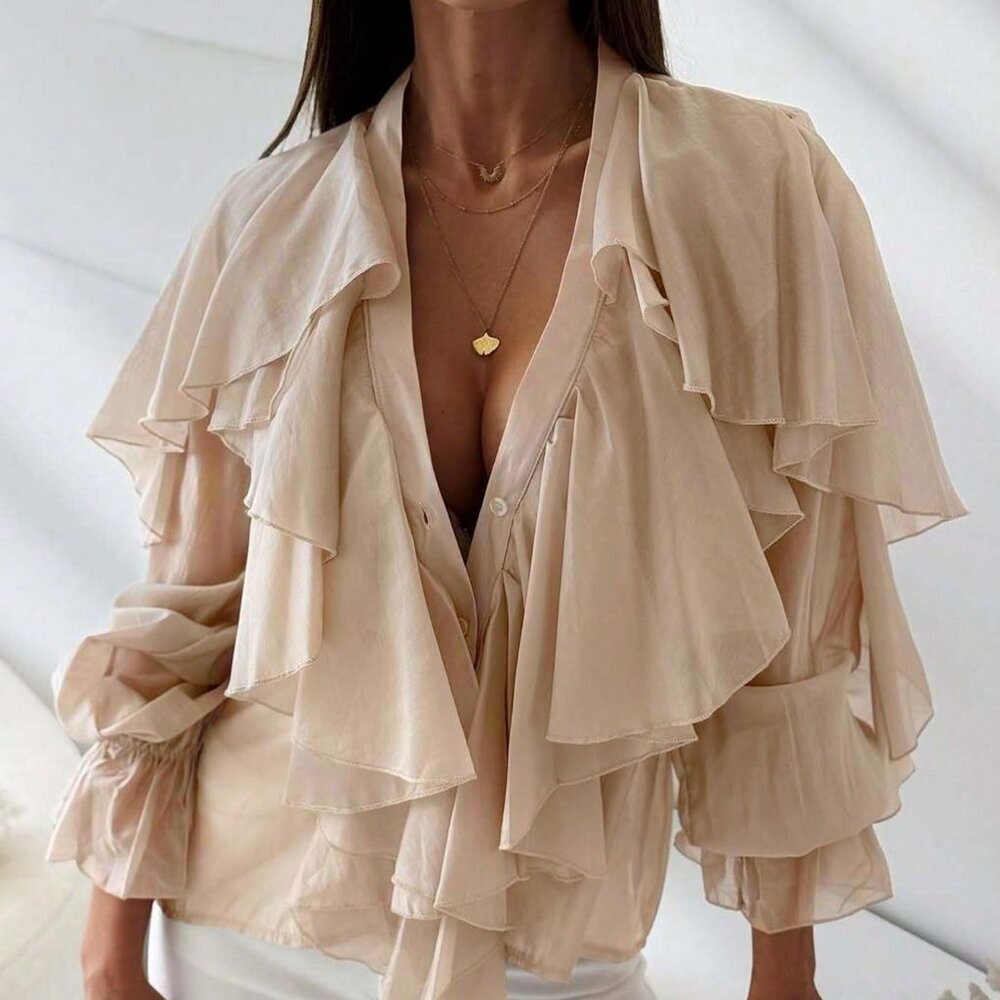 Apricot Casual Boho Women's V-Neck Lantern Sleeve Top